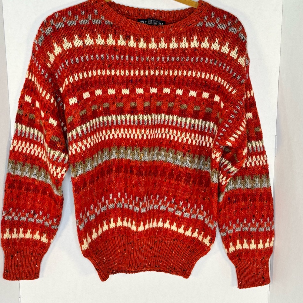 Orange , Gray and White Patterned  Woman’s Sweater Size Small